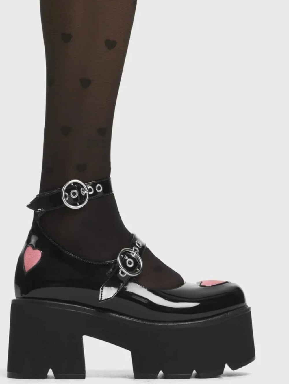 NWOB Lamoda Rosie Love Chunky Maryjanes Black & Pink Heart Size 9